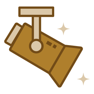A cartoon-style wooden gavel with a handle and two shiny stars.