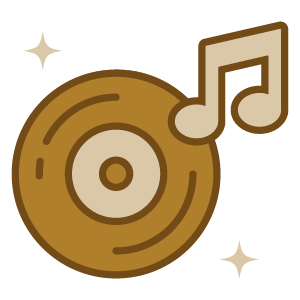A vinyl record with a musical note symbol and star-like sparkles around it.