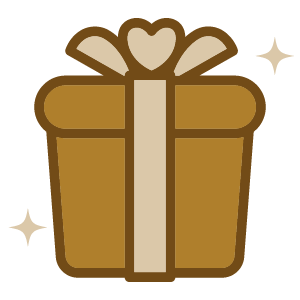 A cartoon illustration of a wrapped gift box with a ribbon and sparkle effects.