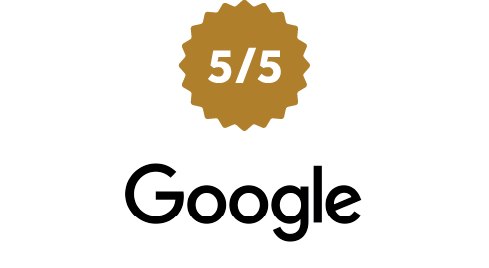 a five out of five badge with the google logo showcasing 5 out of 5 star reviews on google reviews