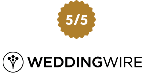 a five out of five badge with the weddingwire logo showcasing 5 out of 5 star reviews on wedding wire reviews