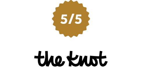 a five out of five badge with the the knot logo showcasing 5 out of 5 star reviews on the knot reviews