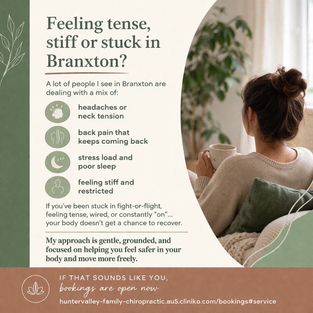 A lot of people I see in Branxton are dealing with a mix of:

- headaches or neck tension
- back pain that keeps coming back
 
 If you&rsquo;ve been stuck in fight-or-flight, feeling tense, wired, or constantly &ldquo;on&rdquo;&hellip; your body does