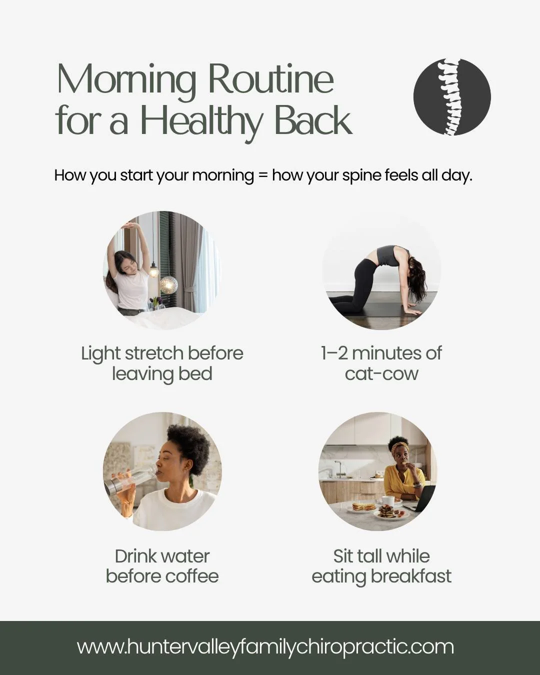 Start your morning right ☀️

A healthy routine doesn&rsquo;t need to be complicated.

&bull; Light stretch to wake up the body
&bull; Cat&ndash;cow to get the spine moving
&bull; Drink water before coffee 💧

Small habits = big impact on your nervous