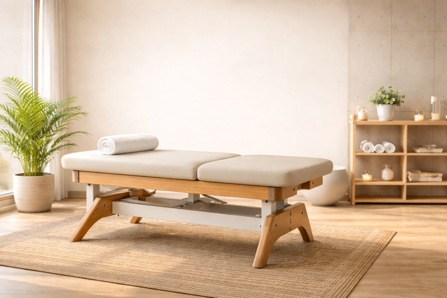 Spa or massage room with a massage table, rolled towel, potted plant, wooden shelf with rolled towels, candles, and decorative jars in a bright, minimalistic space.