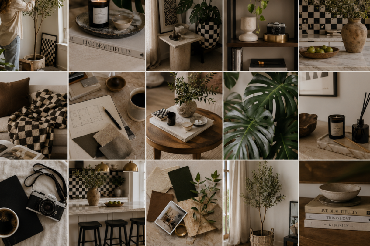 Collage of home decor and interior design items including plants, books, candles, a camera, a kitchen area, and various decorative objects.