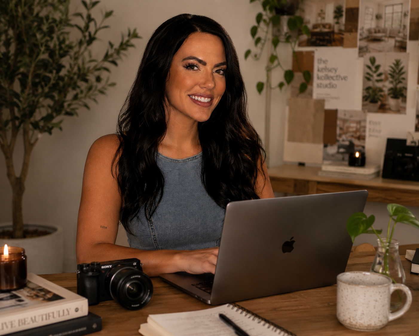 A woman with long dark hair smiling while working on a laptop at a wooden desk in a cozy, well-decorated room with plants and art on the wall.