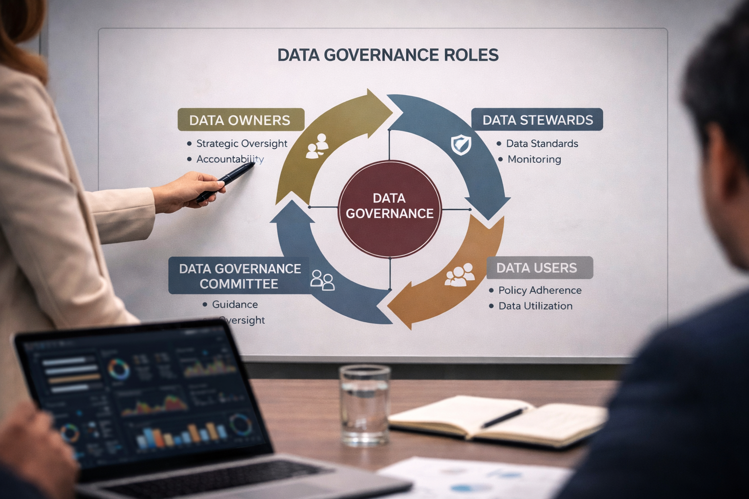 Diagram of data governance roles including Data Owners, Data Stewards, Data Users, and Data Governance Committee as a service provided by BASE Data Advisory.