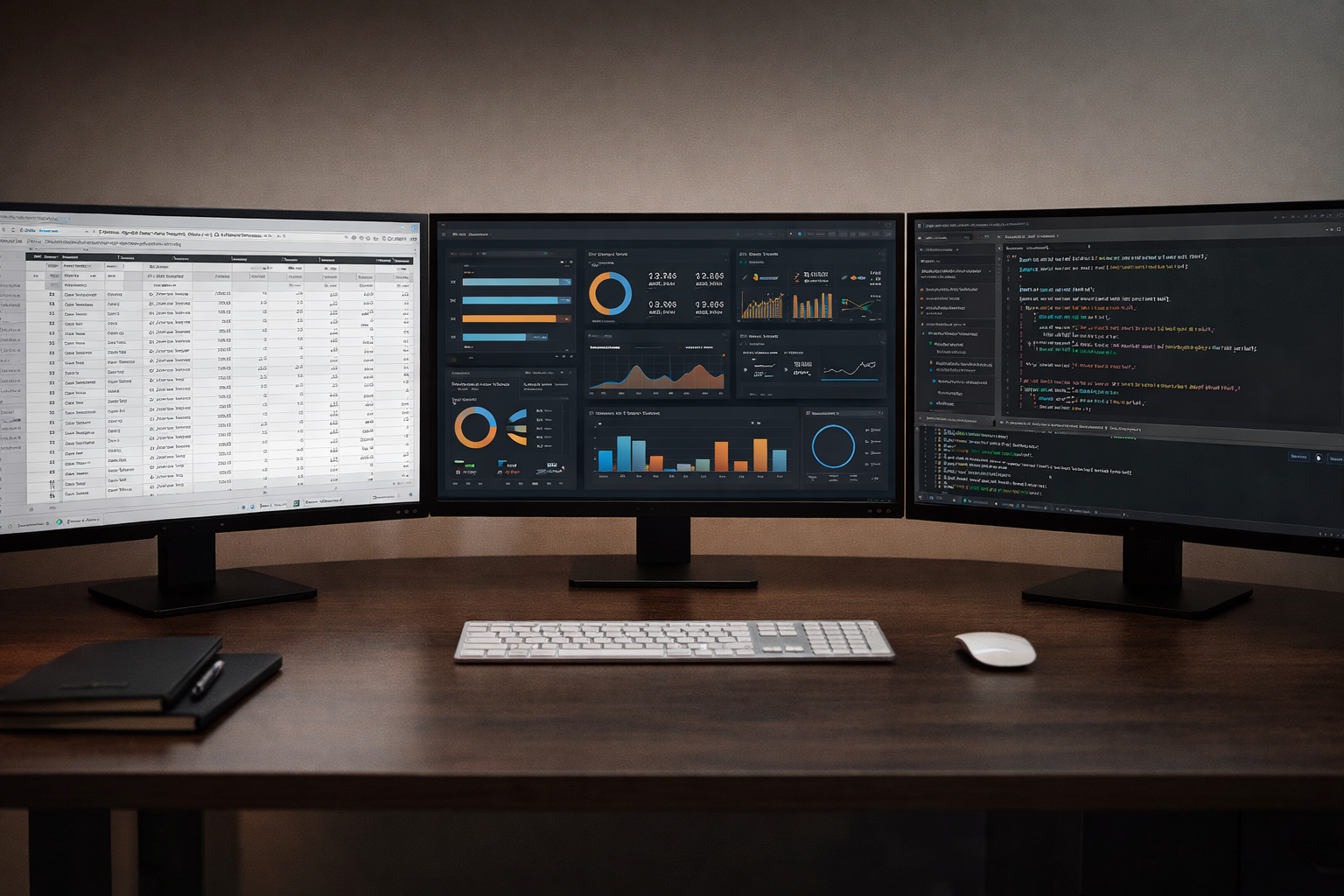Computer monitors displaying data analysis, charts, and code, to display concepts of BUILD, ALIGN, SCALE, ENABLE a company's modern data platform on BASE Data Advisory Services page