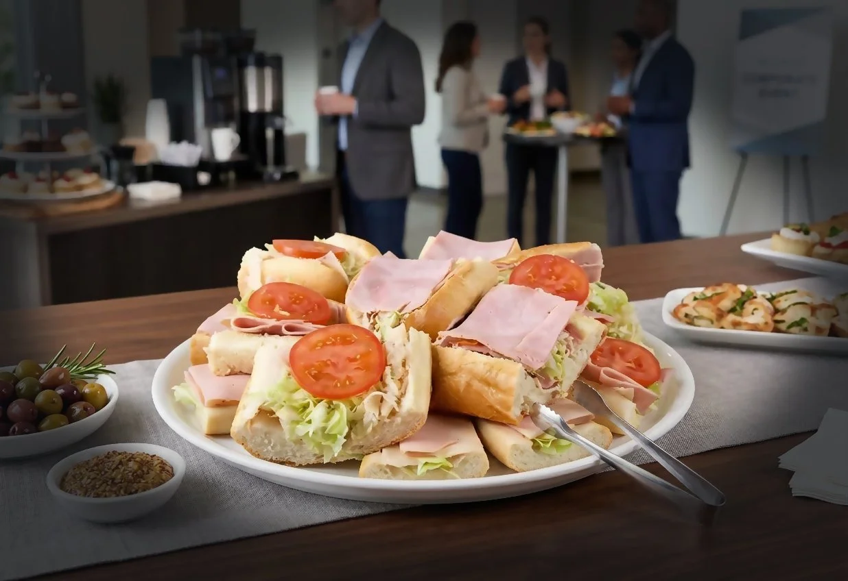 Plate of assorted sandwiches with lettuce, tomato, ham, and turkey on white bread, set on a table with small bowls of salad olives and dressing, in a professional office setting with people socializing in the background.
