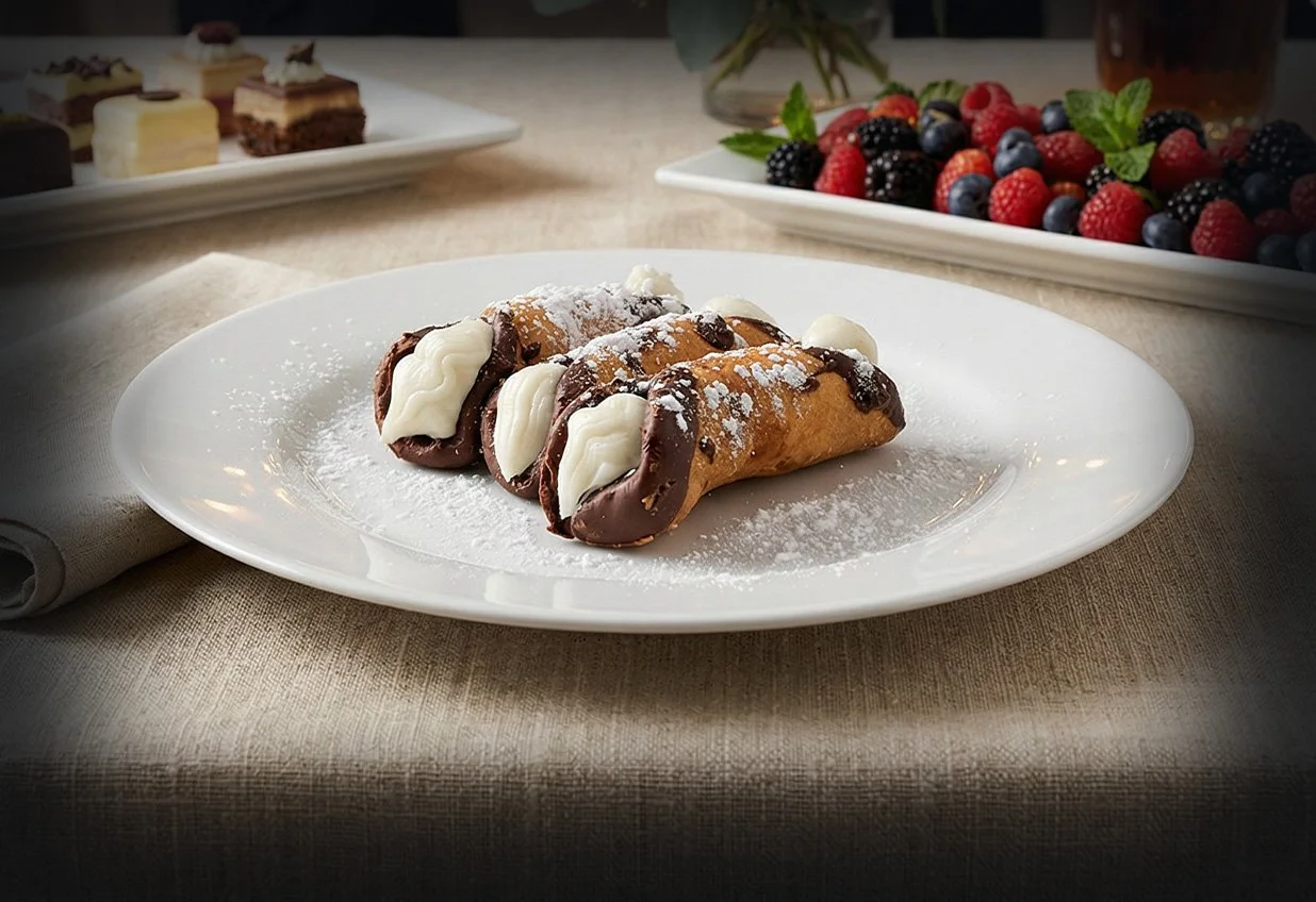 Chocolate and vanilla cream-filled cannoli on a white plate with powdered sugar.