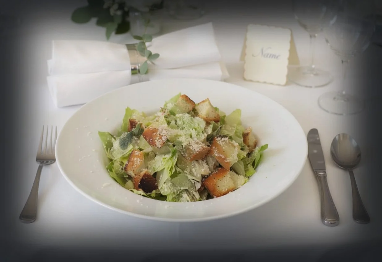 A Caesar salad with lettuce, croutons, and grated cheese in a white bowl on a table set with a fork, knife, spoon, white napkins, a place card, and glasses of wine.