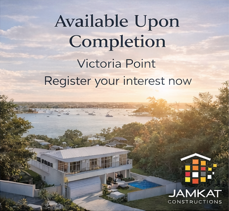 A promotional poster for Victoria Point featuring a scenic view of water and boats, with a house in the foreground, and text promoting an upcoming property completion and interest registration for Jamkat Constructions.