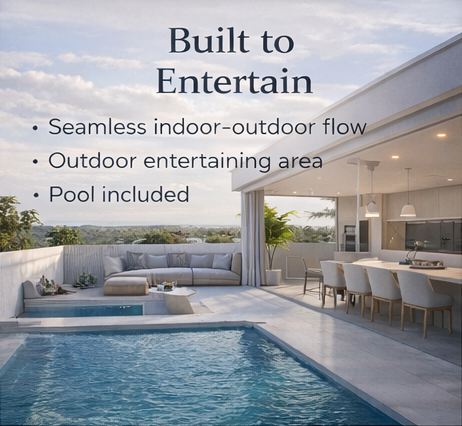 A modern outdoor pool area with a seating lounge, dining table, and an area for outdoor entertainment, integrated with an indoor-outdoor living space under a patio roof.