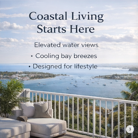 A promotional image showing a balcony with seating overlooking a coastal waterway with boats, trees, and buildings, promoting coastal living.