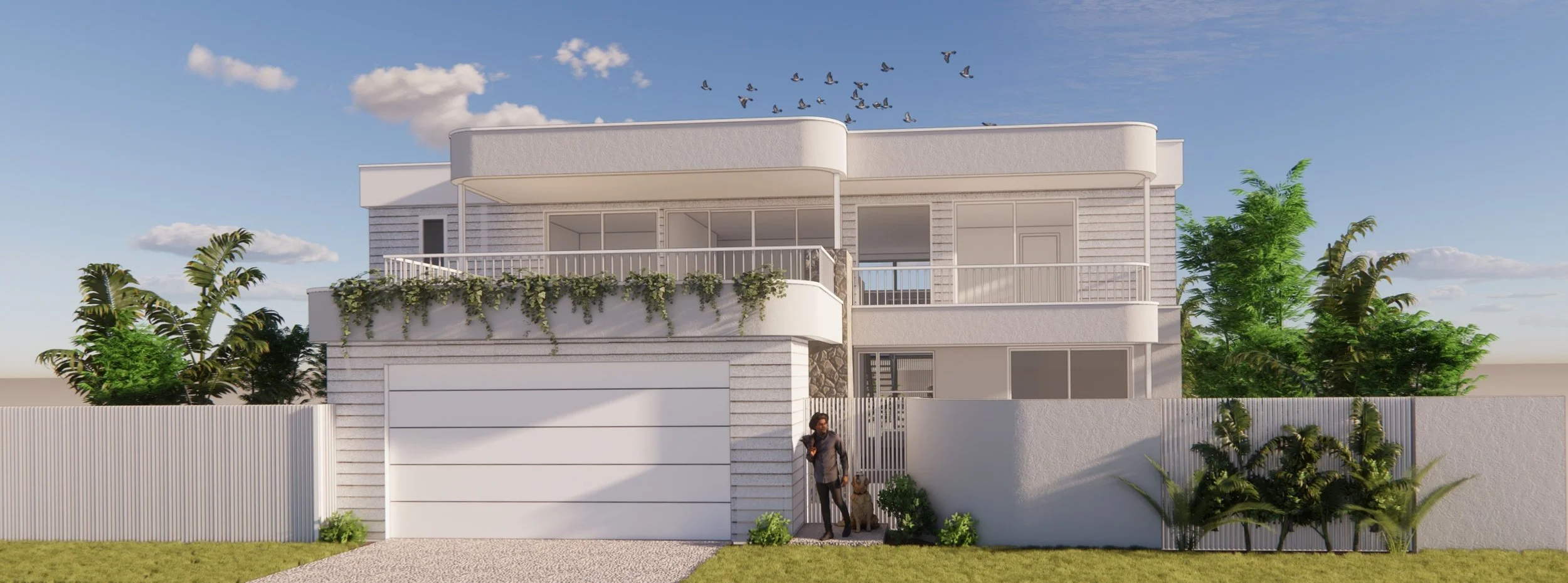 Modern white two-story house with balconies, surrounded by lush greenery and a tall white fence. A person with a dog is at the front entrance. Clear blue sky with some clouds and a flock of birds overhead.