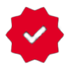 Red badge with a black checkmark in the center
