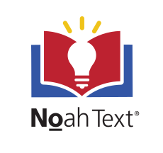 Open book with a light bulb above it and yellow lines indicating illumination, representing ideas or learning, with the text 'Noah Text' below.