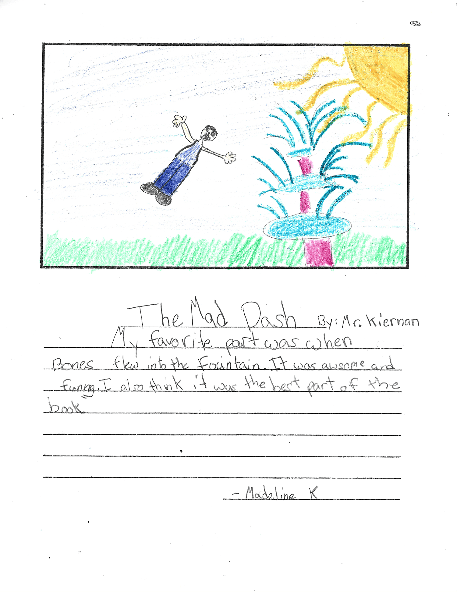 Child's drawing of a person jumping near a fountain with water splashing, a sun shining in the sky, and grass at the bottom.