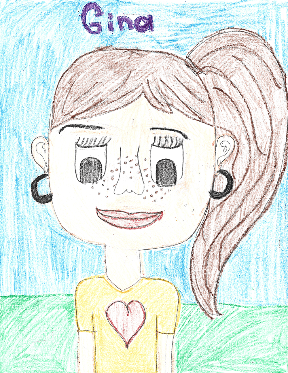 Colored drawing of a girl with brown hair in a ponytail, wearing a yellow shirt with a red heart, and black earrings, under a blue background with the name 'Gina' written at the top.