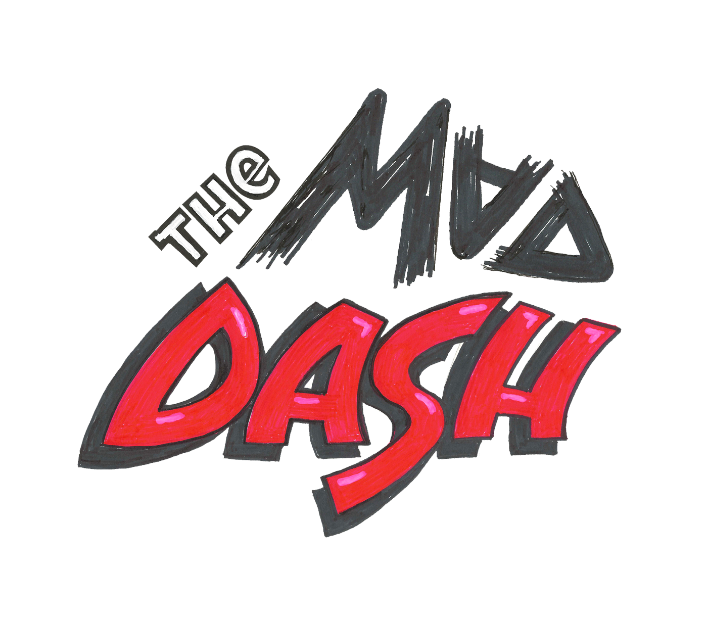 Hand-drawn colorful text design that reads "The Mad Dash" with "The" in black and white and "Dash" in red.