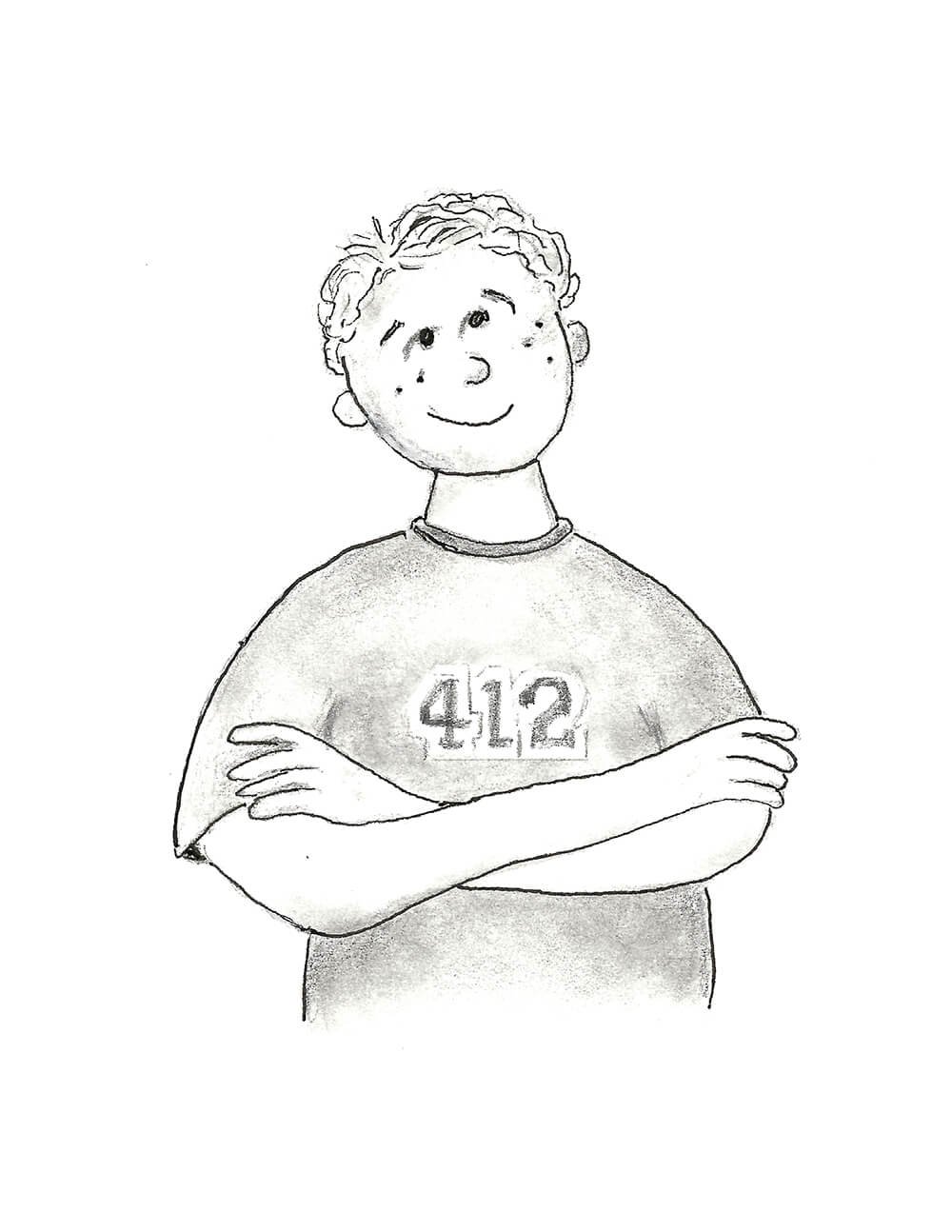 A black and white drawing of a smiling boy with curly hair, arms crossed, wearing a shirt with the number 412 on it.