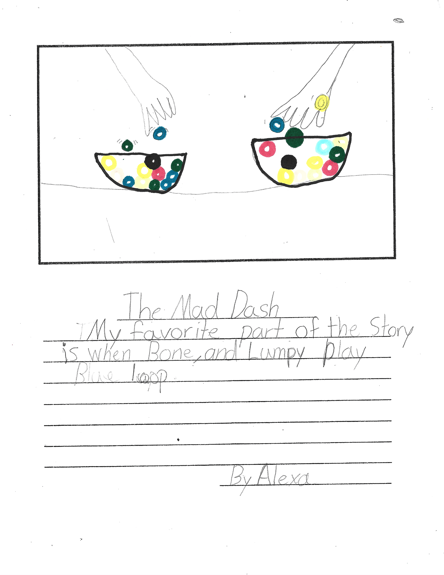 Child's drawing titled "The Mad Dash" with two hand-drawn bowls of colorful candy and two hands reaching over them, one with a yellow ring, and handwritten text underneath.