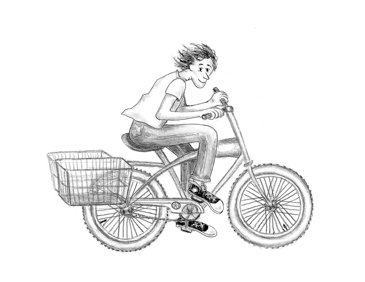 A sketch of a person riding a bicycle with a basket attached at the back, hair blowing in the wind, smiling, in a casual outfit with jeans and sneakers.