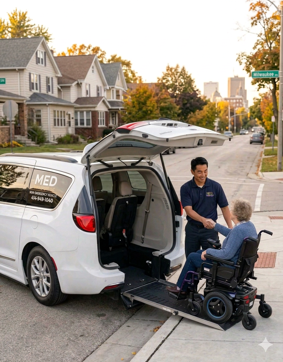 A Med Transportation employee shakes hands with an elderly woman in a wheelchair next to a Med Transportation wheelchair  van on a residential street.