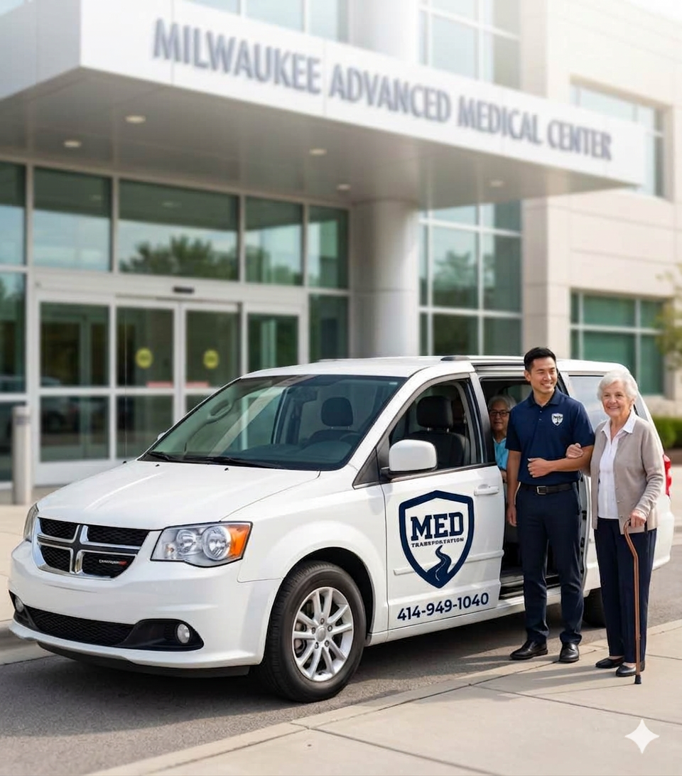 A Med Transportation ambulatory van parked outside Milwaukee Advanced Medical Center. A Med Transportation employee and elderly woman with a cane are standing next to the vehicle, smiling.