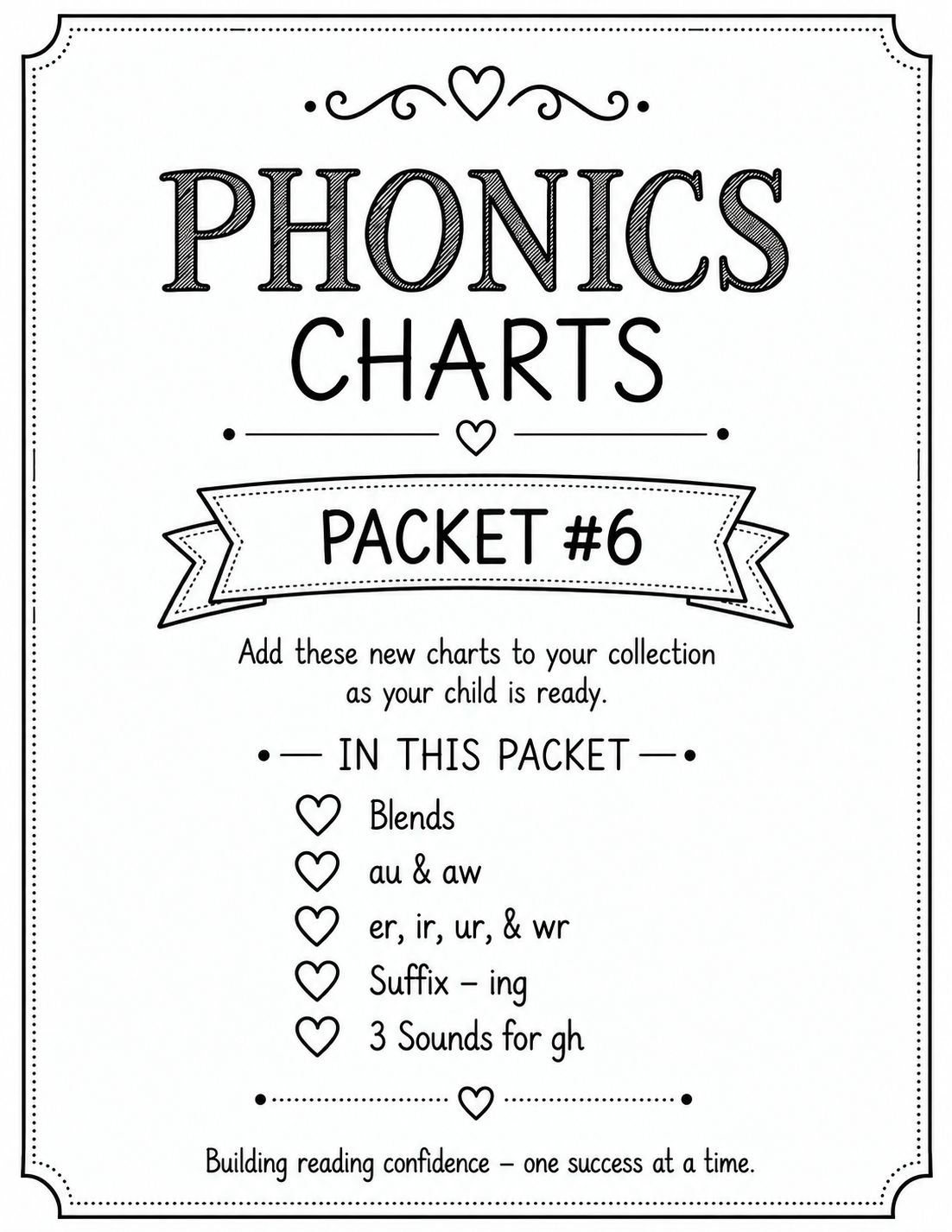 A black and white printable chart titled 'Phonics Charts' with decorative borders, hearts, and playful fonts, including a list of phonics topics like blends, au & aw, er, ir, ur, & wr, suffix -ing, and 3 sounds for gh.