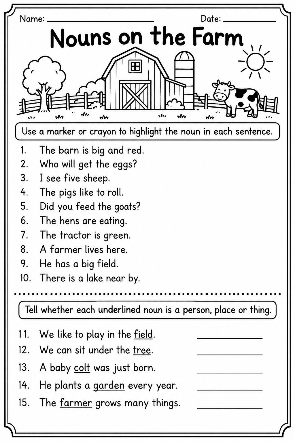 A black-and-white worksheet titled "Nouns on the Farm" with a farm scene at the top, including a barn, tree, silo, cow, and sun, for identifying nouns and their types.