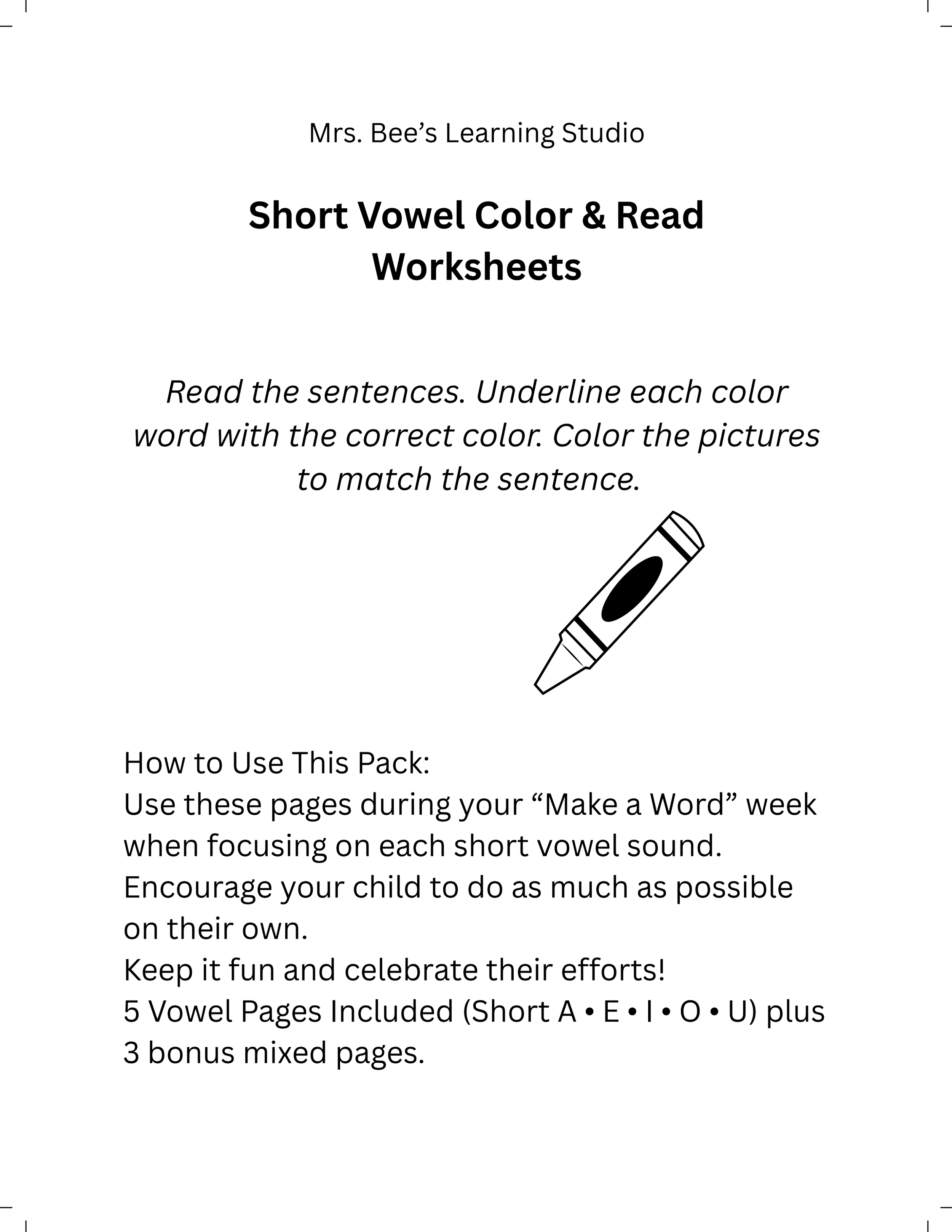 Short Vowel Color & Read Worksheets - 9 Page Pack