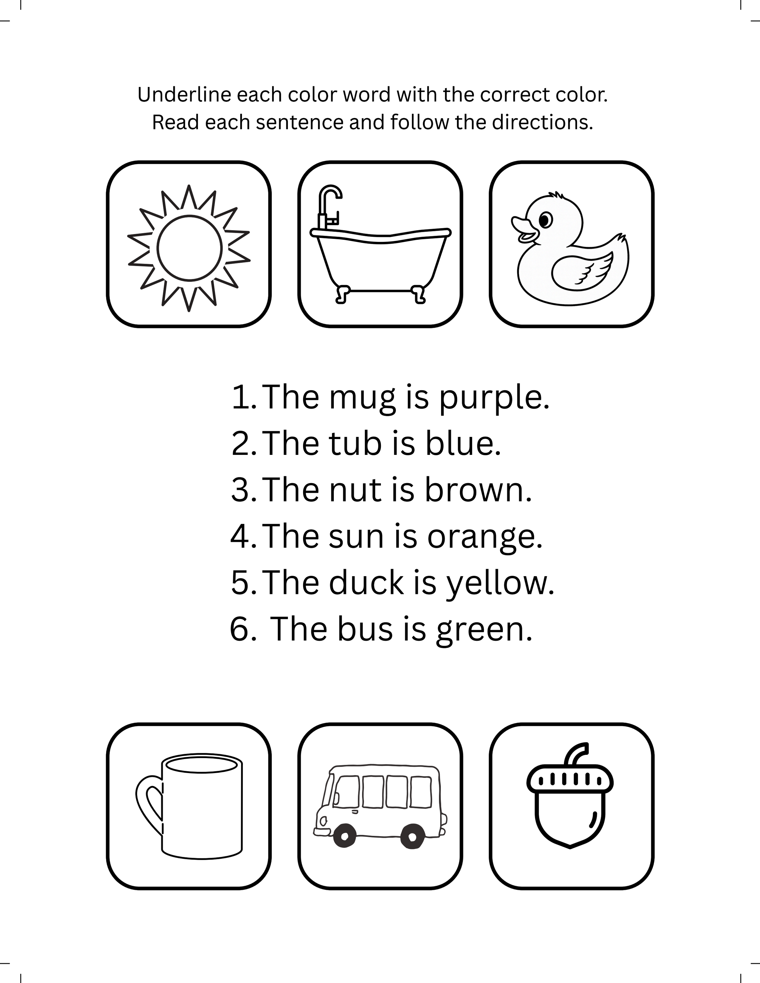 Short U Color and Read Worksheet