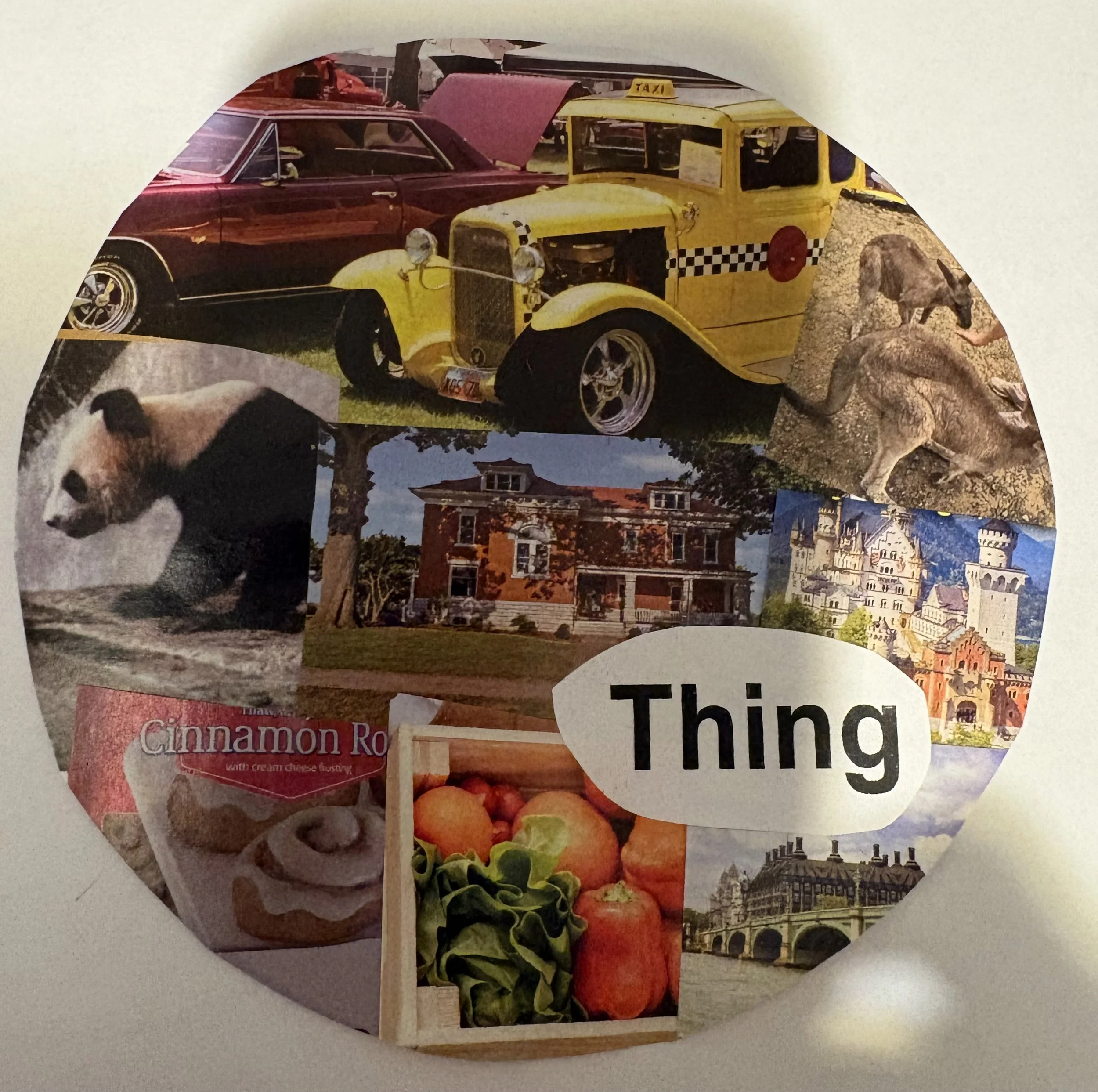 A collage of various images including a yellow taxi, a black dog, a house, and a scene with a camel.