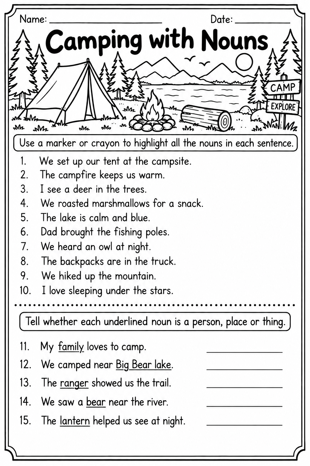 Black-and-white worksheet titled "Camping with Nouns" with a mountain, lake, trees, tent, campfire, log, sign post, and stars illustration. Contains a list of sentences about camping and nature, with instructions to highlight nouns, and additional sentences about camping with underlined nouns for identifying persons, places, or things.
