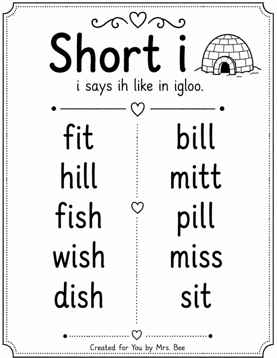Educational chart showing words with the short i sound, including 'fit,' 'hill,' 'fish,' 'wish,' 'dish,' 'bill,' 'mitt,' 'pill,' 'miss,' and 'sit.' Contains illustrations of an igloo and decorative hearts.