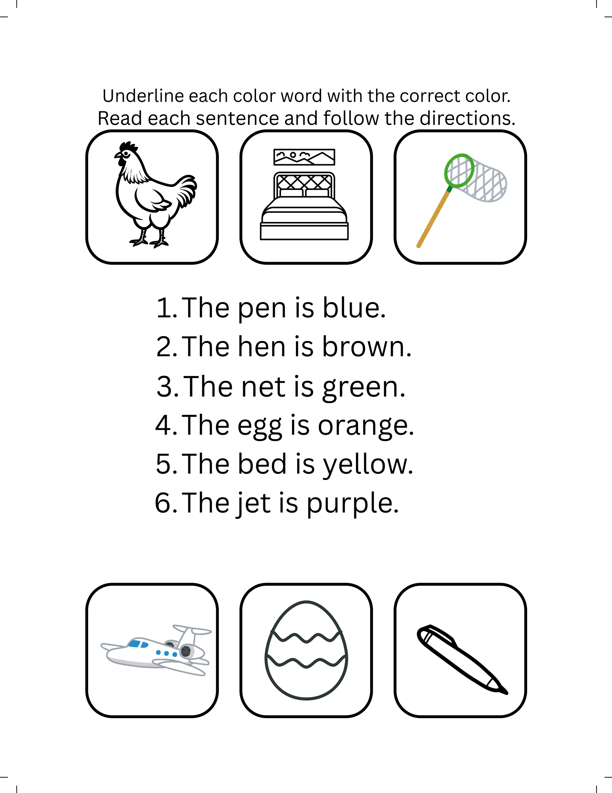 Short E Color and Read Worksheet