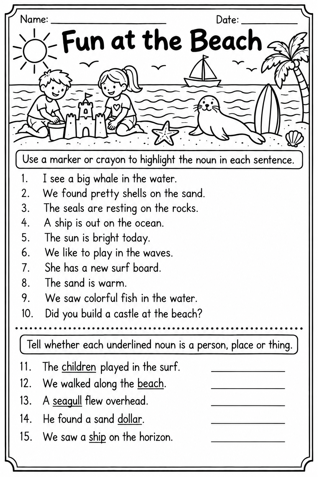 Black and white coloring page with the title 'Fun at the Beach'. Illustrations of children building a sandcastle, a starfish, a sea otter, a palm tree, seashells, and a sailboat in the background.