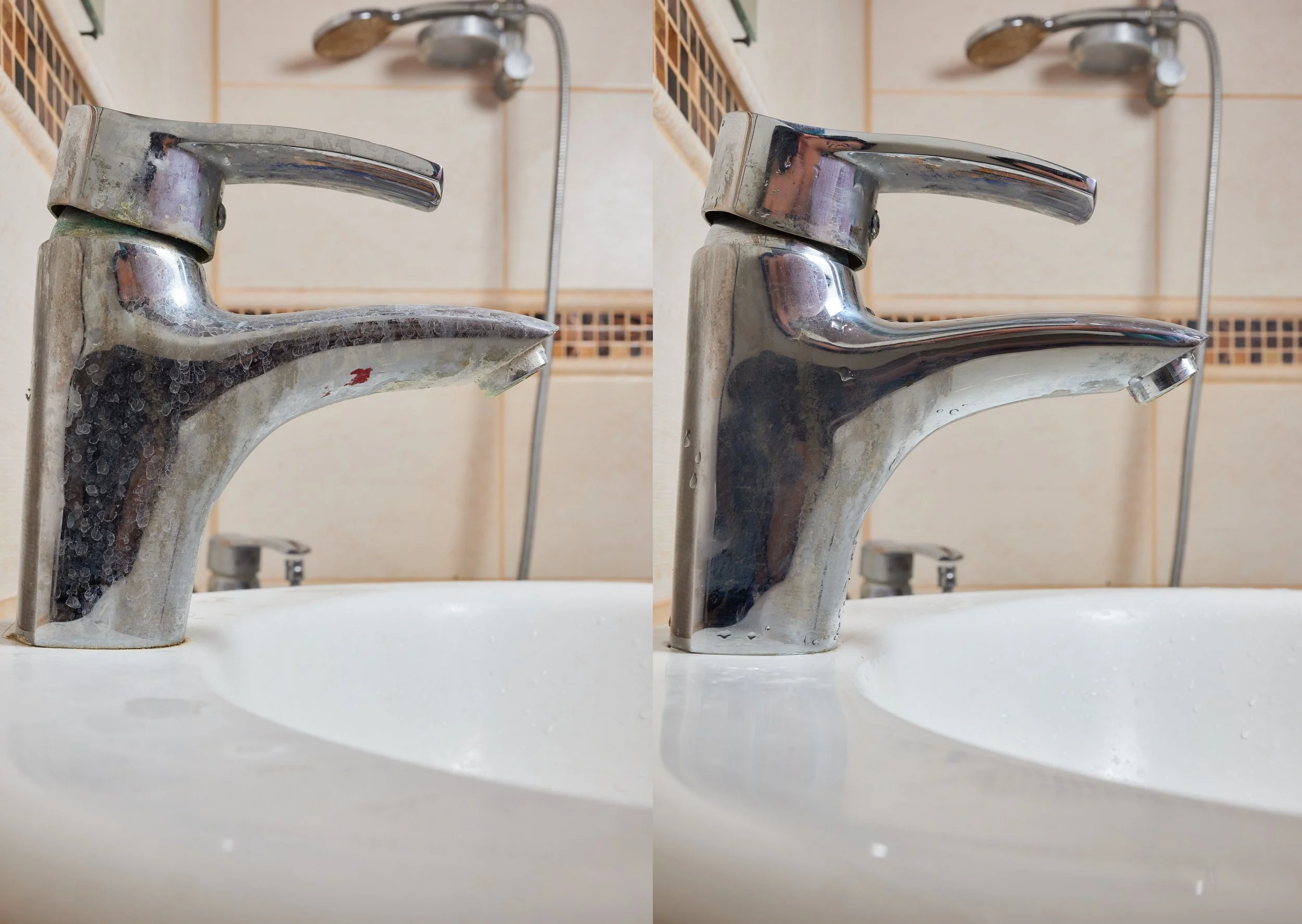 Side-by-side comparison of a bathroom sink faucet, showing the before and after cleaning. The left faucet is dirty and tarnished, while the right faucet is shiny and clean.
