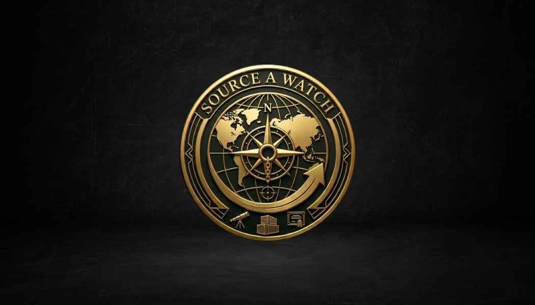 Gold emblem with a globe, a compass, and the words "Source A Watch" on a black background.