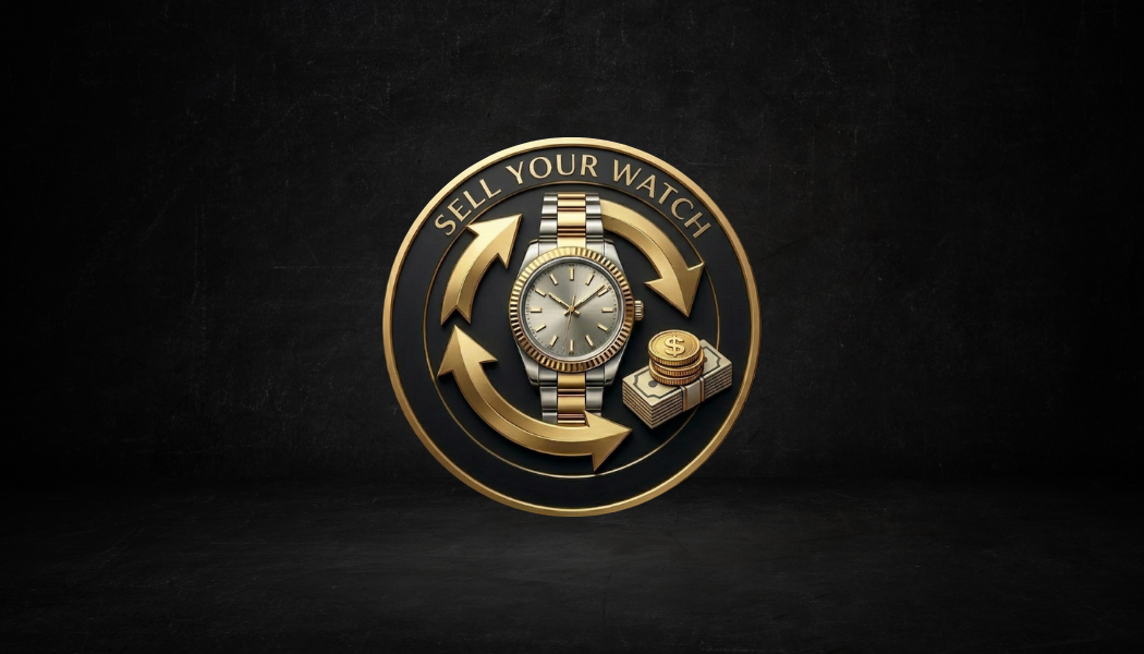 A gold and silver wristwatch surrounded by arrows with the text "SELL YOUR WATCH" and a stack of money with coins.