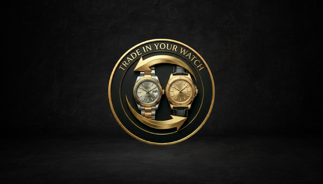 Gold and silver watches inside a circular frame with arrows and the text "Trade in your watch".