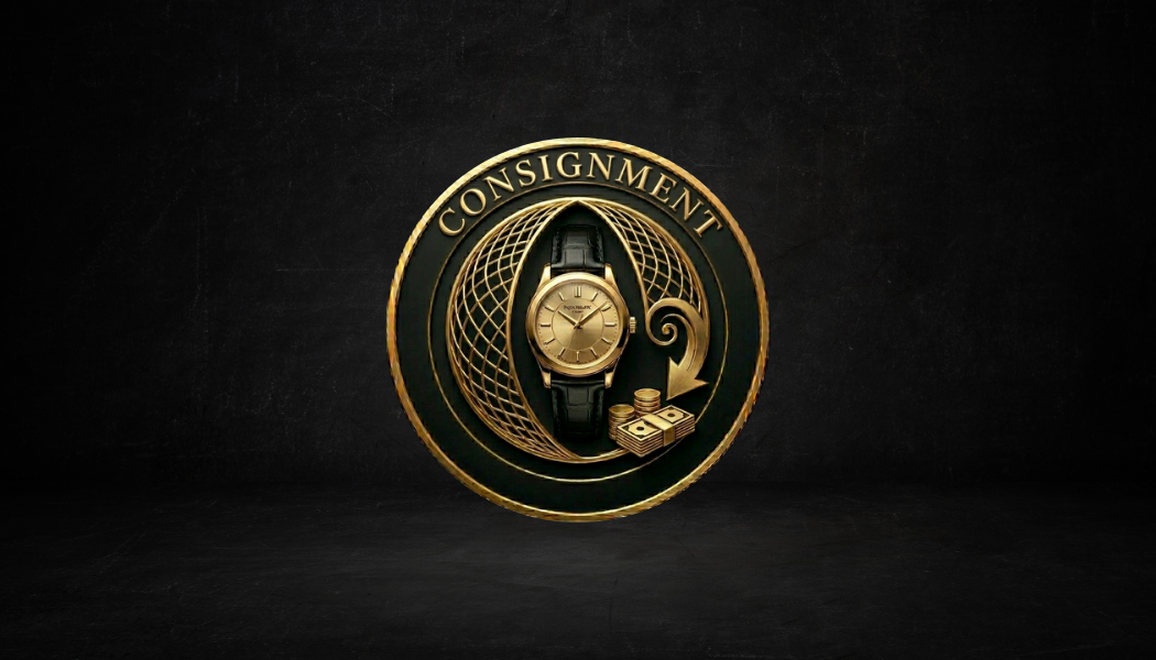 Gold and black emblem with a wristwatch in the center, surrounded by a globe design, with the words 'Consignment' at the top and accompanied by a stack of dollar bills, coins, and a downward arrow.