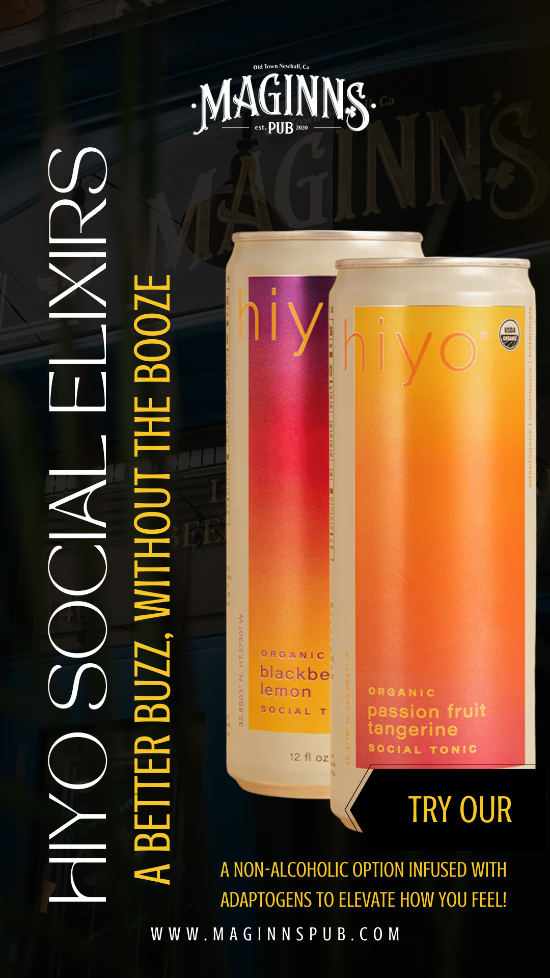 Image of two cans of Hiya beverages, one with blackberry lemon flavor and the other with passion fruit tangerine flavor, promoting a non-alcoholic social tonic infused with adaptogens at Maginn's Pub in Newhall, California.