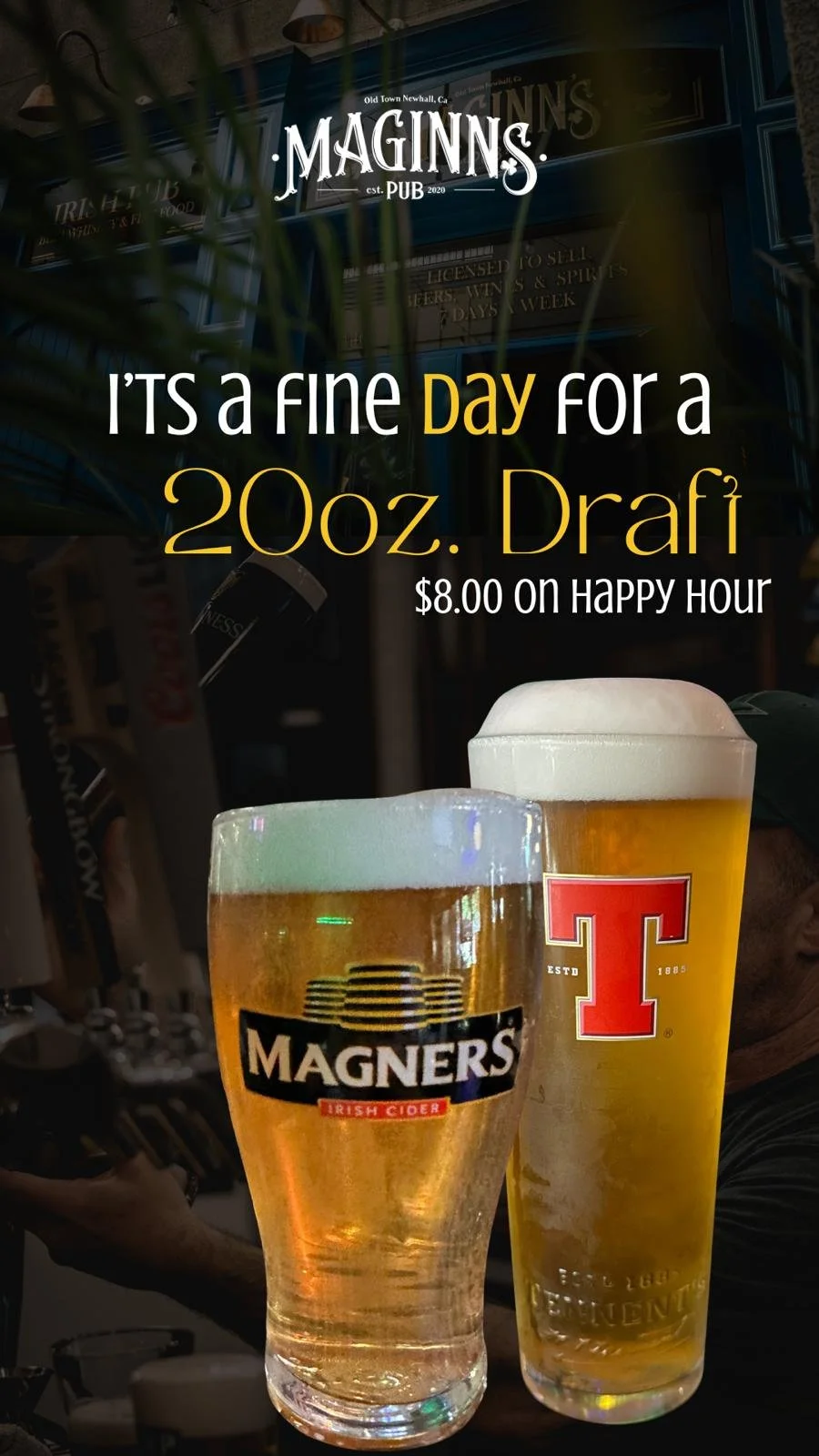 A promotional poster for a pub named Magnins displaying a special offer: a 20 oz draft beer for $8, with a photo of two glasses of beer in front, one featuring the Magners Irish Cider logo and the other with a red 'T' logo.