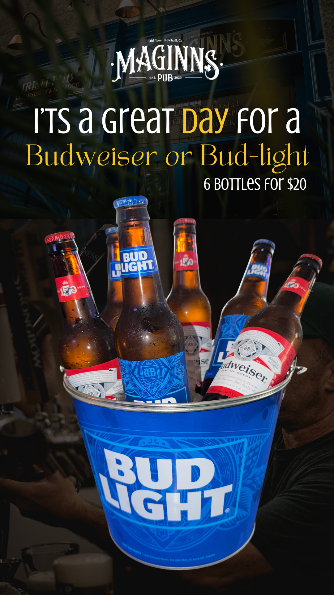 A promotional poster for Bud Light beer offering 6 bottles for $20, with a background image of Bud Light bottles in a blue bucket.
