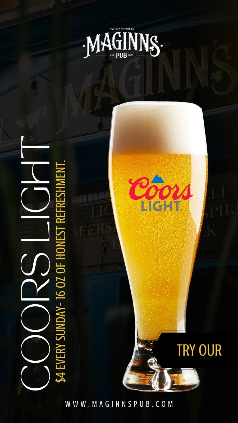 A promotional poster for Maginn's Pub in Newhall, California, featuring a large glass of Coors Light beer with ice and foam, and text advertising a $4 Coors Light on Sundays and a website URL.