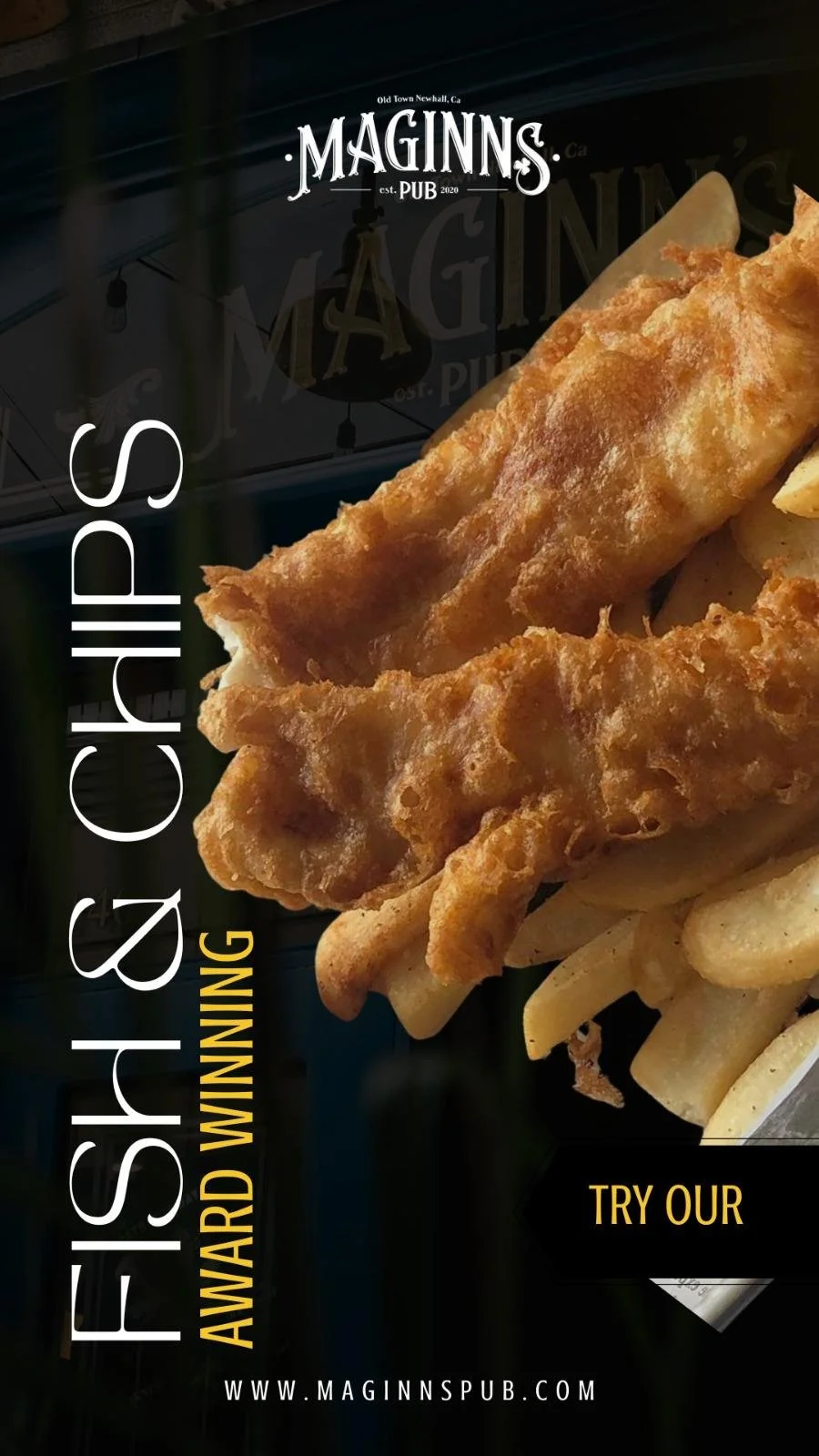 Close-up of fried fish and French fries on a plate at Maginn's Pub.