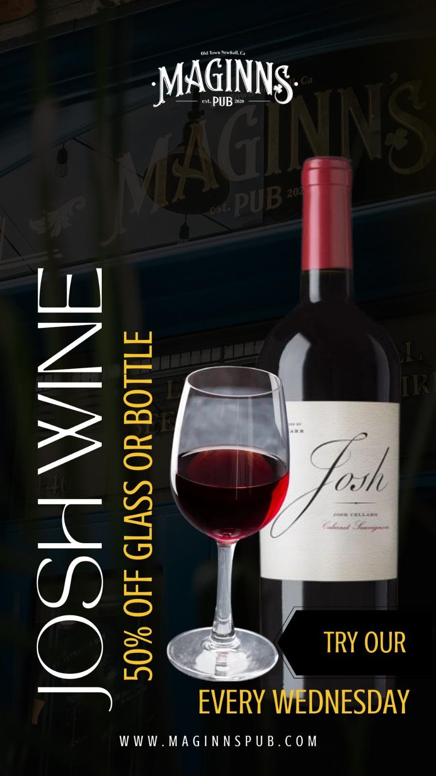 Image of a bottle of red wine and a filled wine glass on a promotional poster for Maginn's Pub, advertising 50% off wine or bottles every Wednesday.